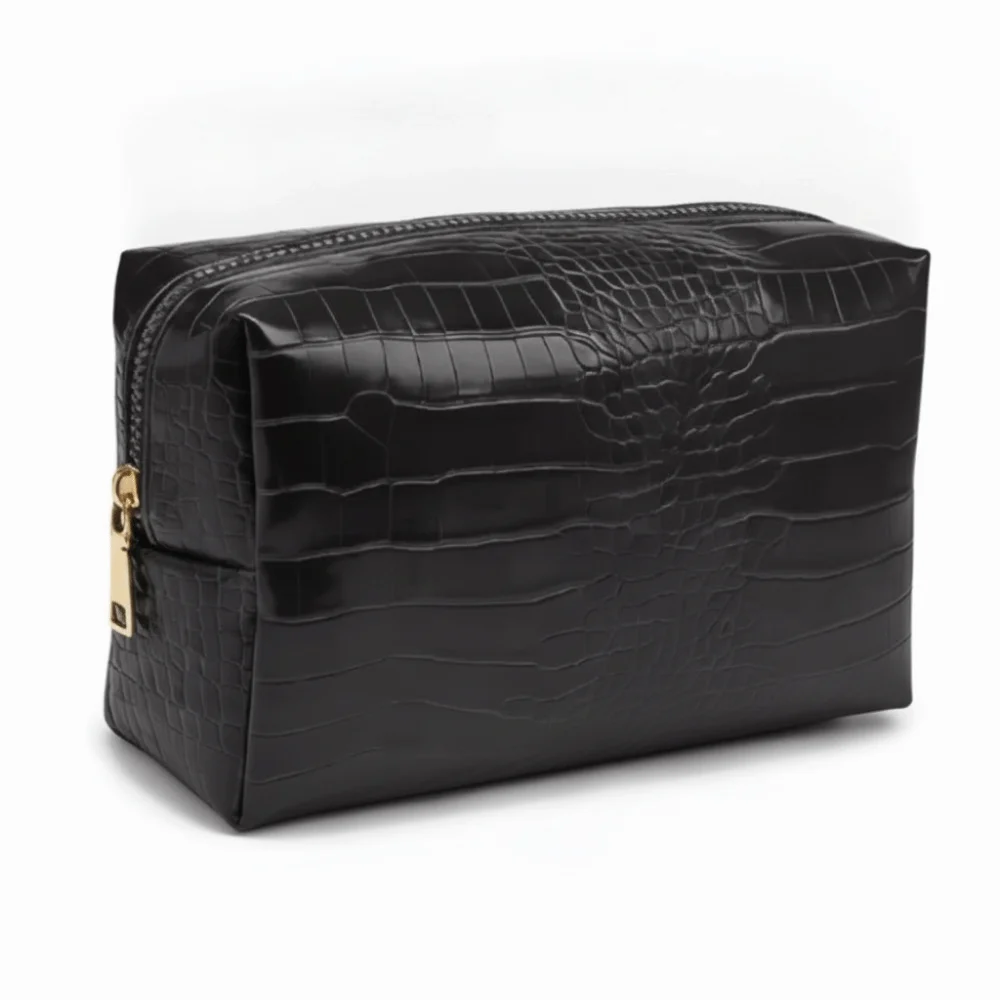 PU Leather Makeup Bag Crocodile Embossed Pattern Large Capacity Cosmetic Bag Waterproof Zipper Closure Storage Pouch Travel Use