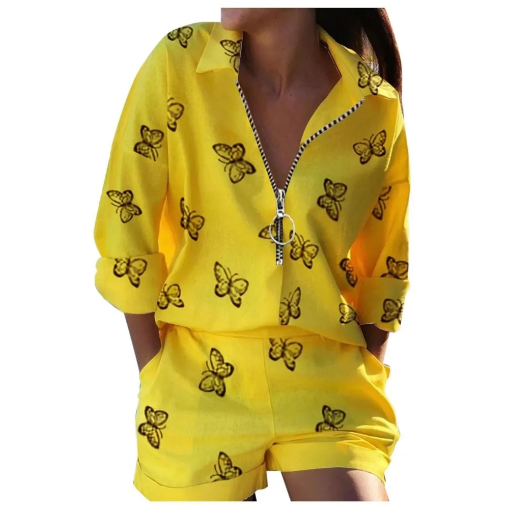 Fashion Printed Shirt T-shirt Long Sleeve Shorts Women\'s Suit Spring Summer Casual Zipper Pullover Top Shorts 2piece Set Female