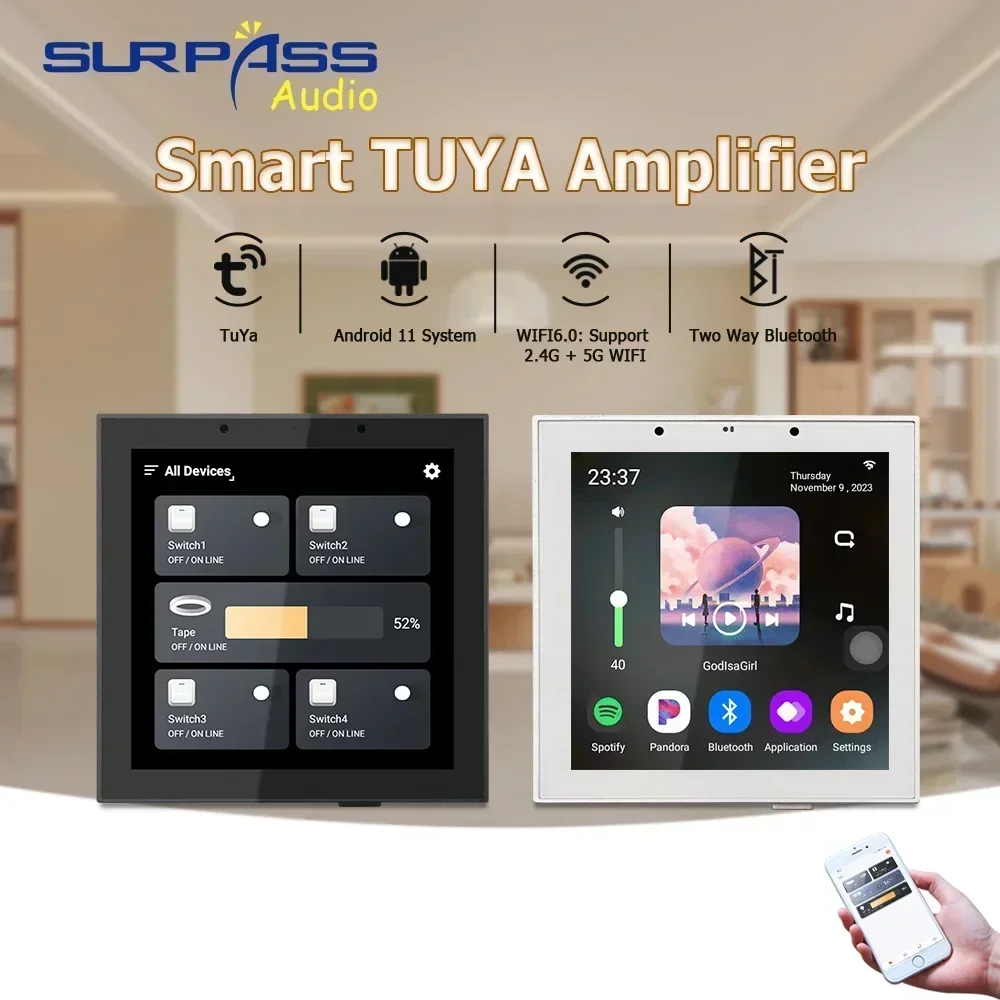 Smart Home Audio 4Inch Android 11 System Tuya WiFi Bluetooth Wall Amplifier Remote Control Support USB TF Video Player for Hotel