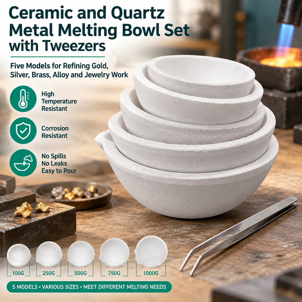 Ceramic and Quartz Metal Melting Bowl Set with Tweezers, Five Models for Refining Gold, Silver, Brass, Alloy and Jewelry Work