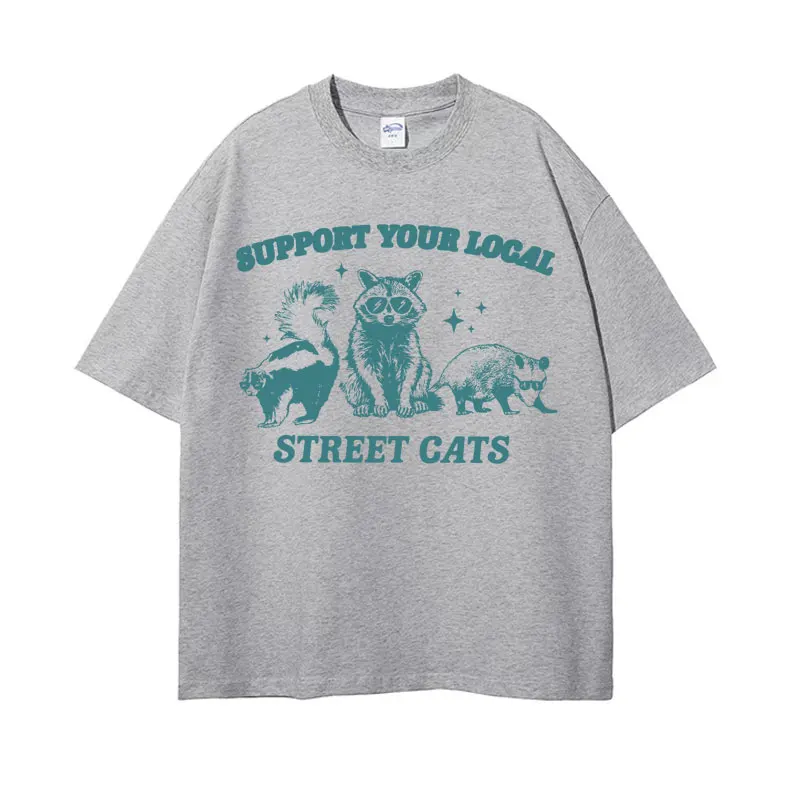 T-shirt graphique en coton pour hommes et femmes, T-shirt vintage, T-shirt en coton respirant, Support Your Local Street Cats, T-shirt raton laveur mignon, Économie à mème drôle