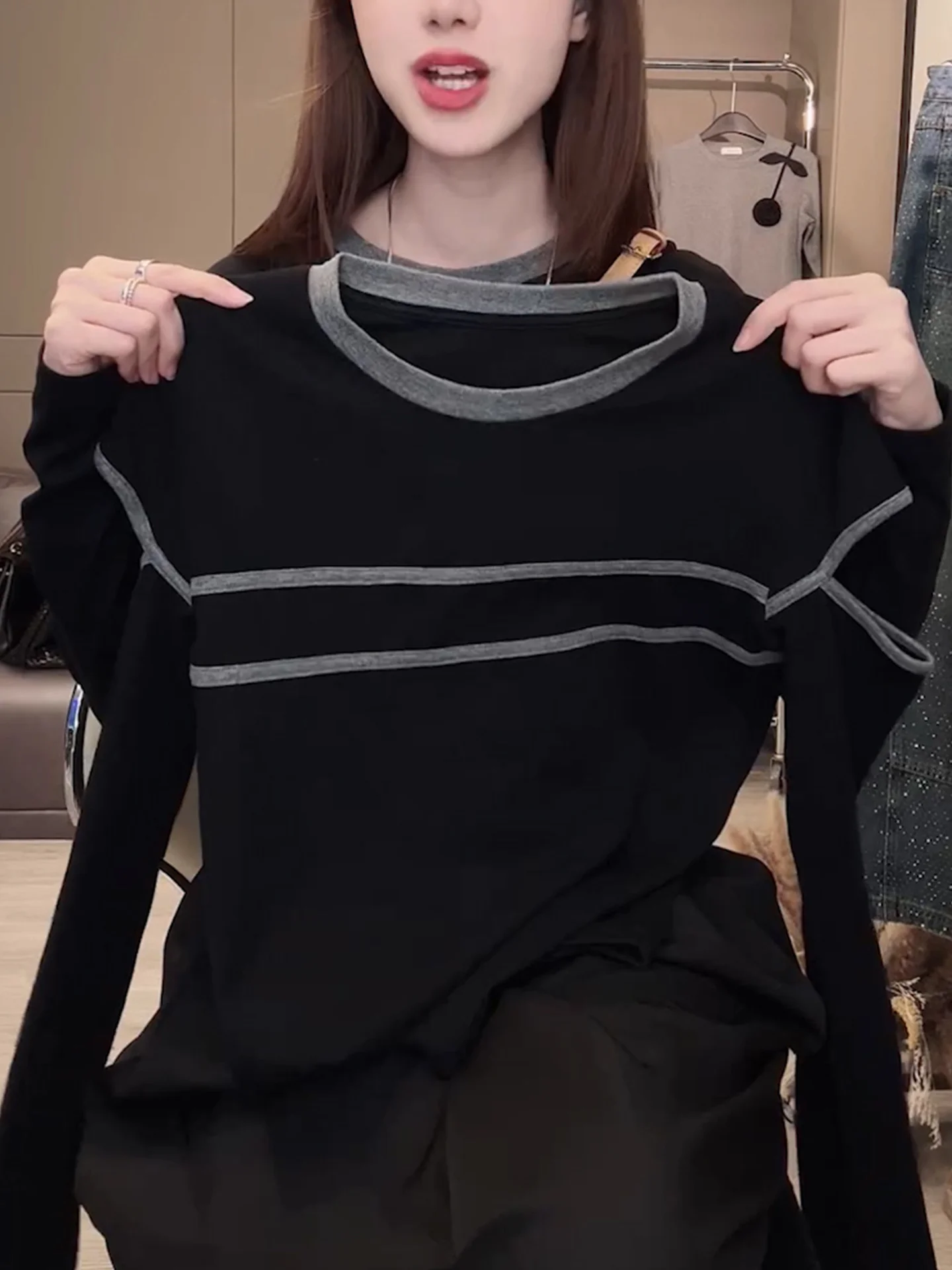 슬리밍 긴팔 티셔츠 패셔너블한 가을 착용 컬러 블록 디자인 베이스 레이어 셔츠 스타일리시한 탑 한국 스타일 출퇴근복