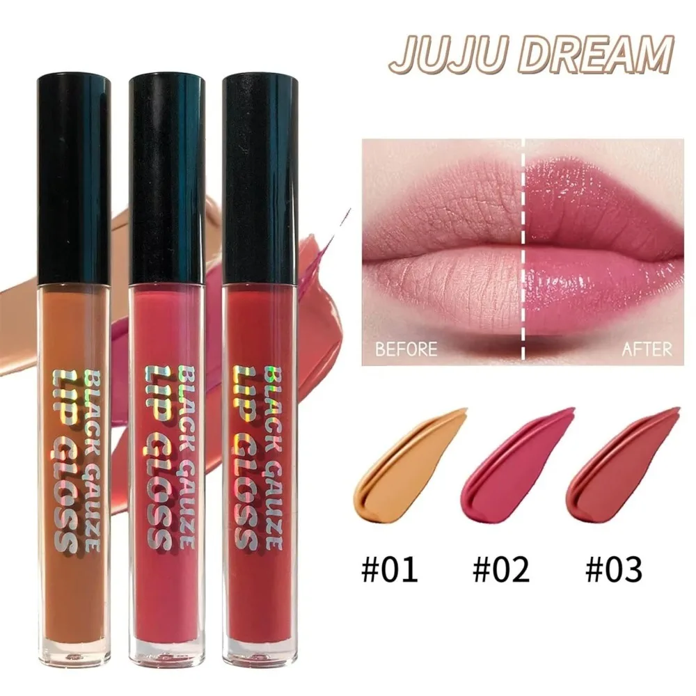 3-Color Black Gauze Lip Gloss - Shiny Glitter Lip Gloss, Long-Lasting Moisturizing Lip Gloss (Brown/Pink/Red) for Lips