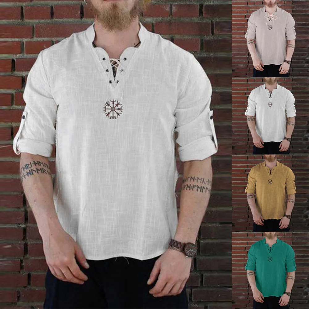 Vintage Shirt Men Medieval Viking Pirate Linen Top Shirt Men Nordic T-Shirt Cosplay Lace-Up Tee Breathable Streetwear Shirt