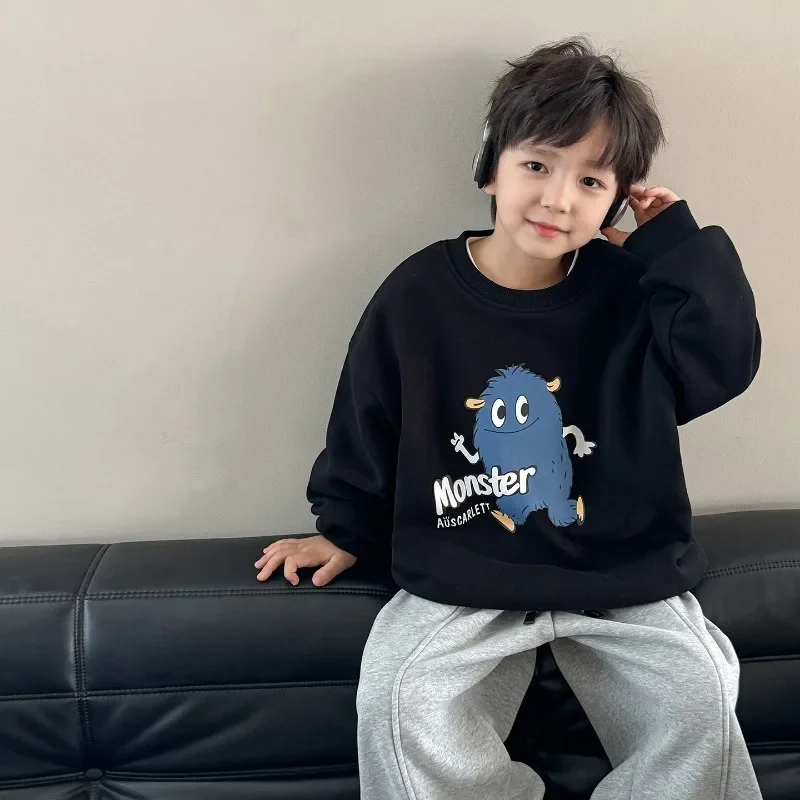 

2024 Winter Kids lining fleece thick Hoodies Boys cartoon little monster Baby Boy loose warm O-Neck sweatshirts children Tops