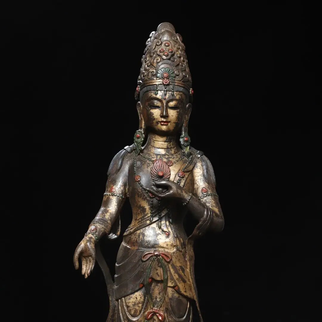 Large Antique Copper Gold Gilded Standing Guanyin Tara Buddha Statue Tibetan Buddhist Home Altar Decor
