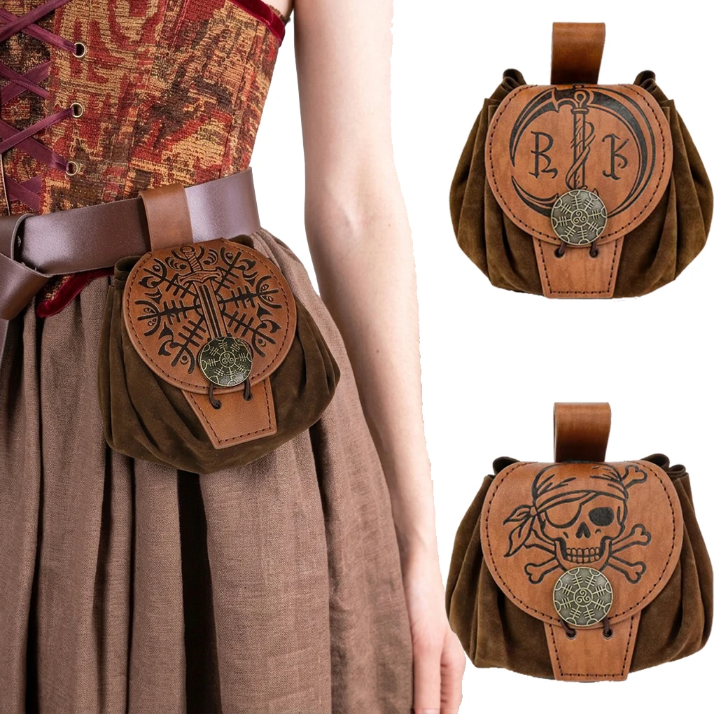 Medieval Viking Norse Rune & Sword Embossing Pattern Drawstring Coin Purse Dice Bag Portable Vintage Waist Bag Unisex for Renaissance Fairs & Cosplay