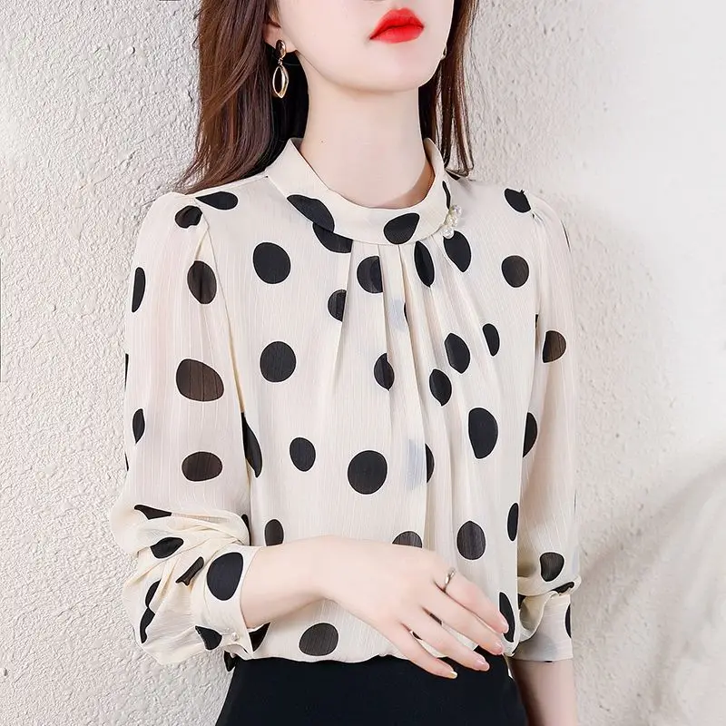 Fashion Printed Stand Collar Beading Polka Dot Chiffon Blouse Female Clothing 2023 Spring Autumn New Casual Tops Sweet Shirt