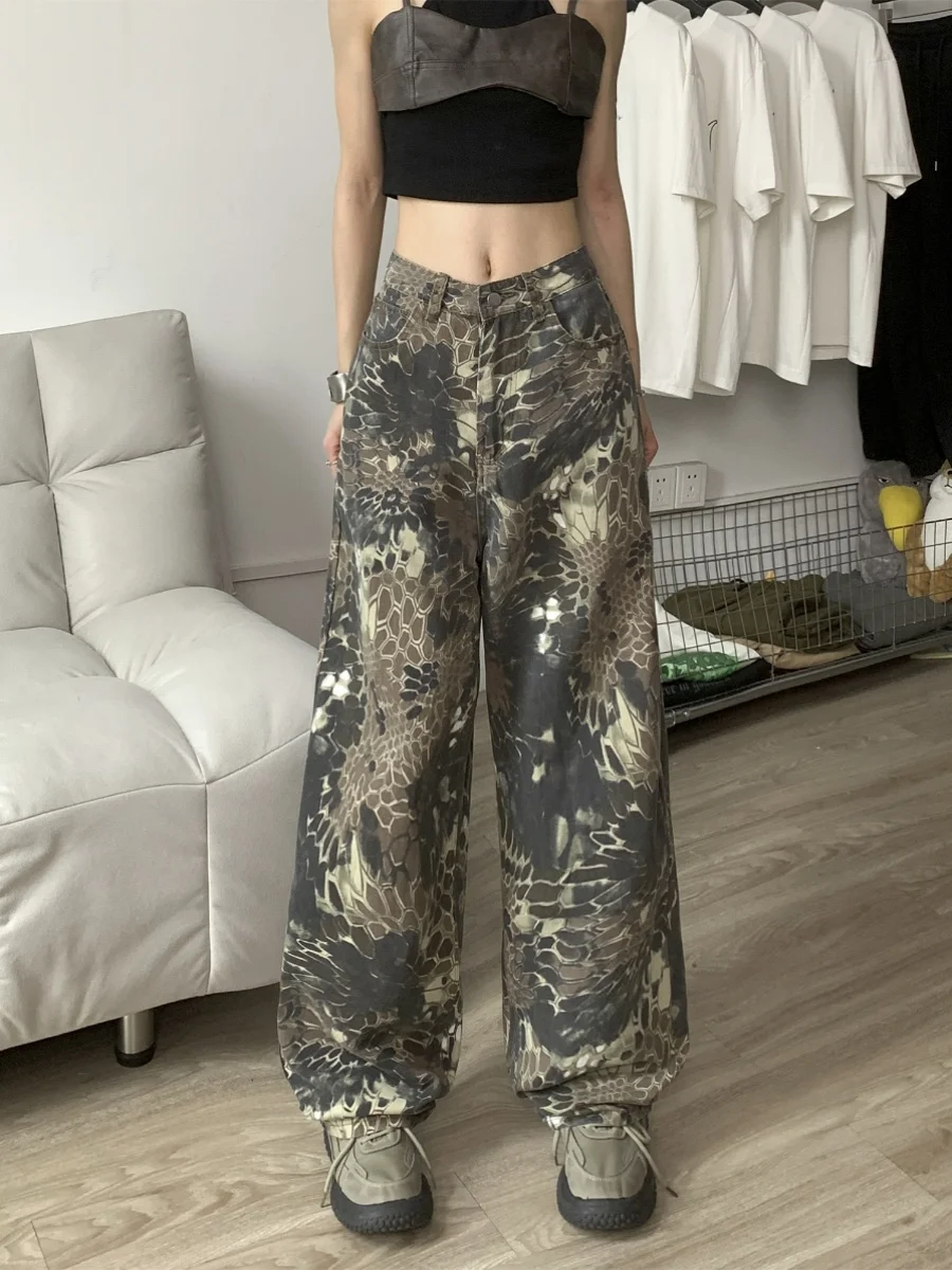 

Cool Girl American High Street Camouflage Wide Leg Jeans Women Loose Slimming Floor-Length Casual Long Trousers Trendy