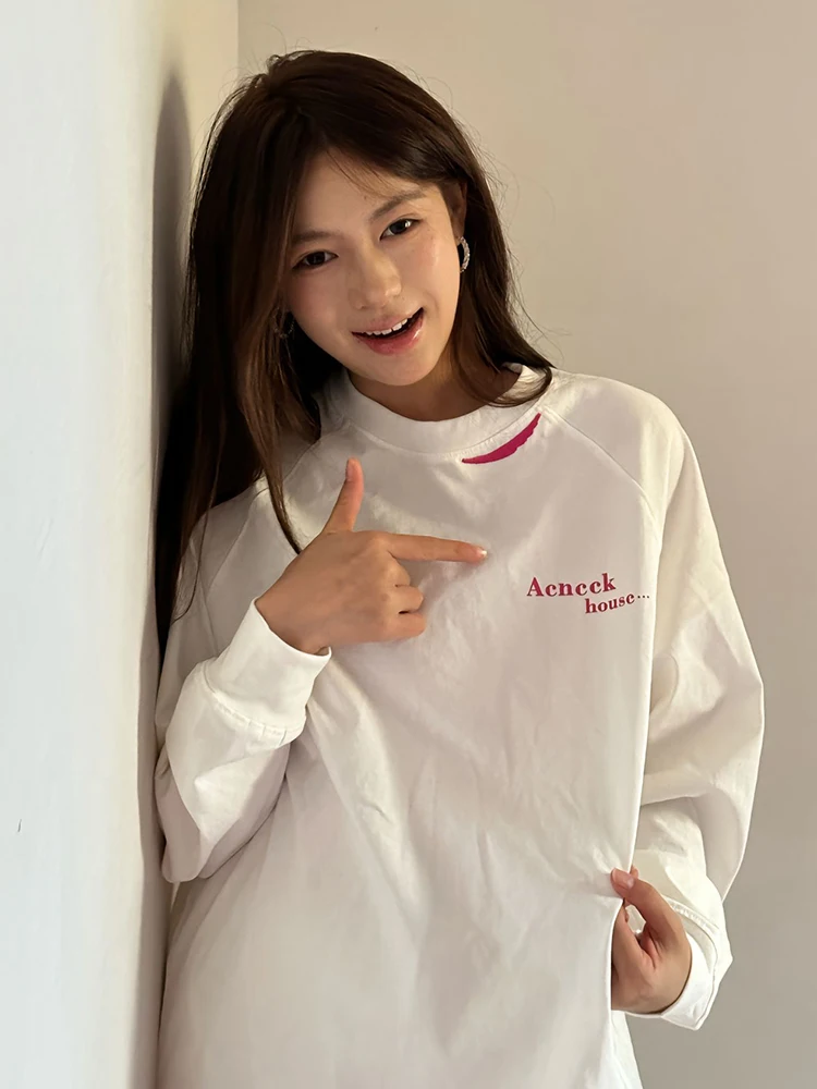 

American Street Sle Long Sve round Ne T-irt Women's Autumn Base Layer Loose Couple Tops Creative Print Casual Wear