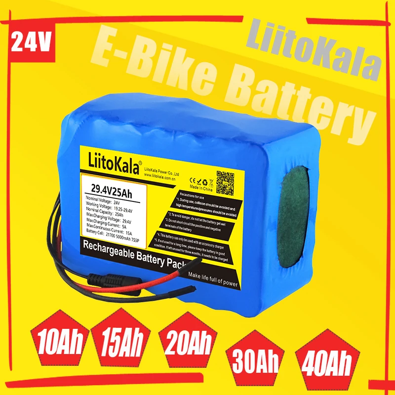 LiitoKala 29.4V10Ah/15Ah/20Ah/30Ah/40Ah battery pack 21700 7S 250w 24V lithium ion battery for wheelchair electric bicycle