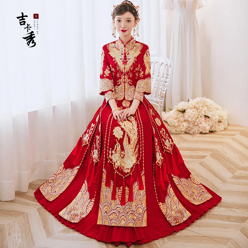 Chinese Wedding Dress Golden Embroidery Dragon Phoenix Banquet High-quaity Classic Cheongsam China Qipao костюм для восточных