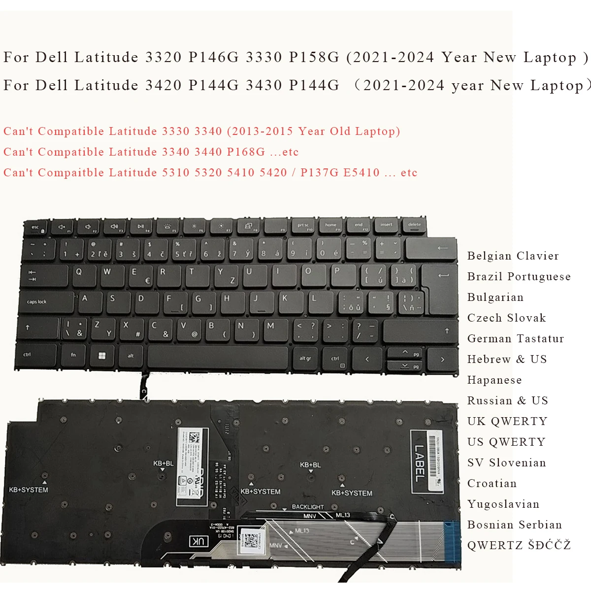 Belgian Brazil Czech GR Hebrew Russian UK US Croatian Keyboard for Dell Latitude 3320 P146G 3330 P158G 3420 P144G 3430 BACKLIT