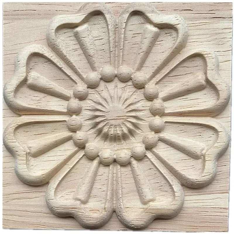 10-18cm Wood Applique Decal Figurines Wooden Carved Decor Unpainted Large Flower Leaves Rectangle Flower Furniture Doors Home