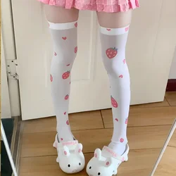 Japanese Anime Halloween Lolita Strawberry Printed Sweet Kawaii Stockings Women Cute Stockings White Tight High Over Knee Socks