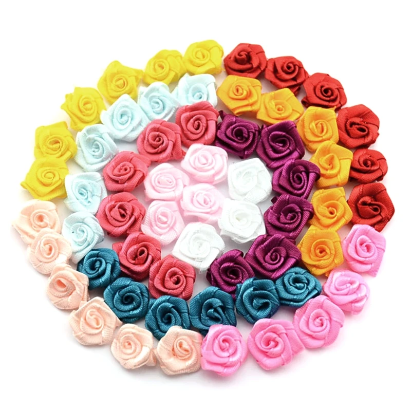 100Pcs Mix Color Satin Ribbon Flower Appliques Patches Multi Colors Wedding Decor Clothing, Craft Project DIY