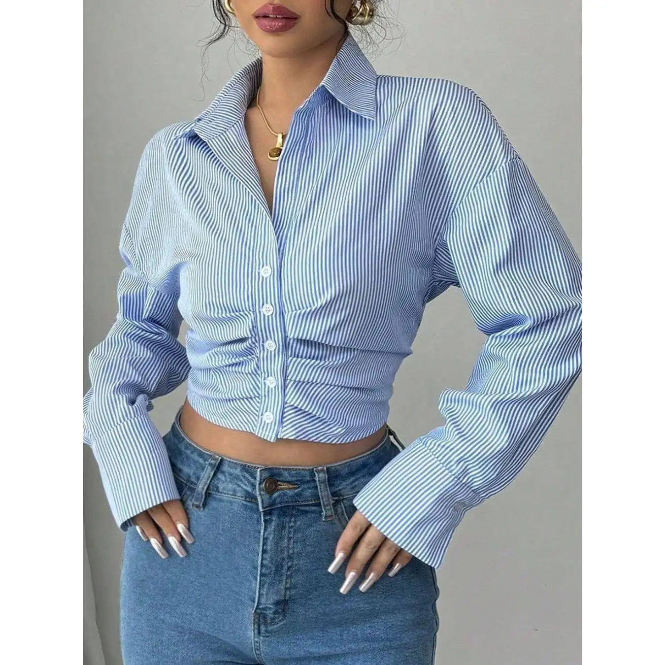 

Spring Faion Long Sve Loose Fit Striped Pleated Single Button Waist Cinched Casual Date irt Women's Polyester Fiber