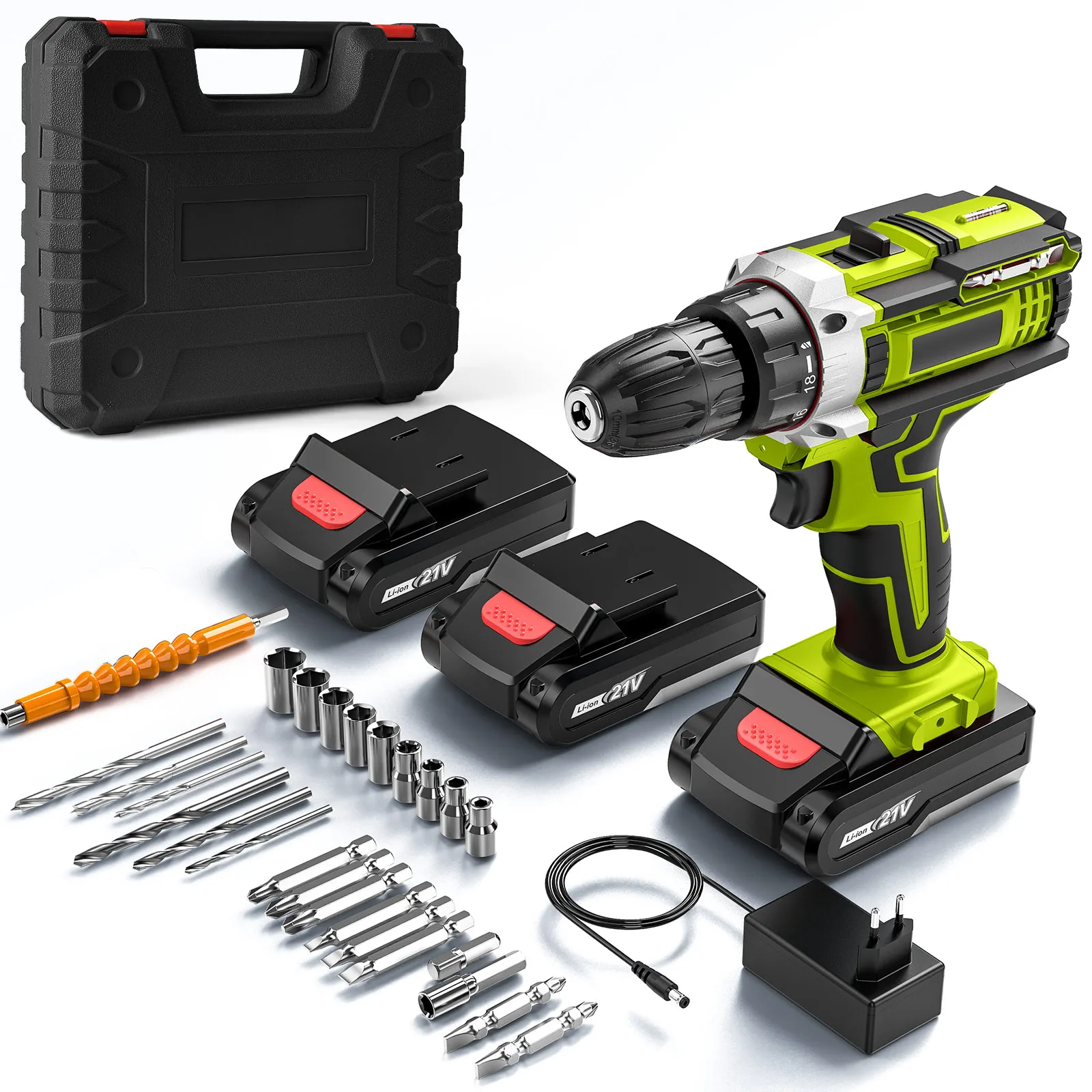 Perceuse à percussion sans fil 1350 tr/min, perceuse à percussion sans fil haute vitesse, alimentée par batterie au lithium rechargeable 21 V, 48 Nm de couple, outil de perçage multifonctionnel pour bricolage domestique