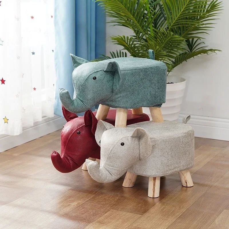 Cute  Animal Shoe Changing Foot Stool Solid Wood Cartoon Sofa Round  Stool Chair Stylish Creative Elephant Child Small Bench