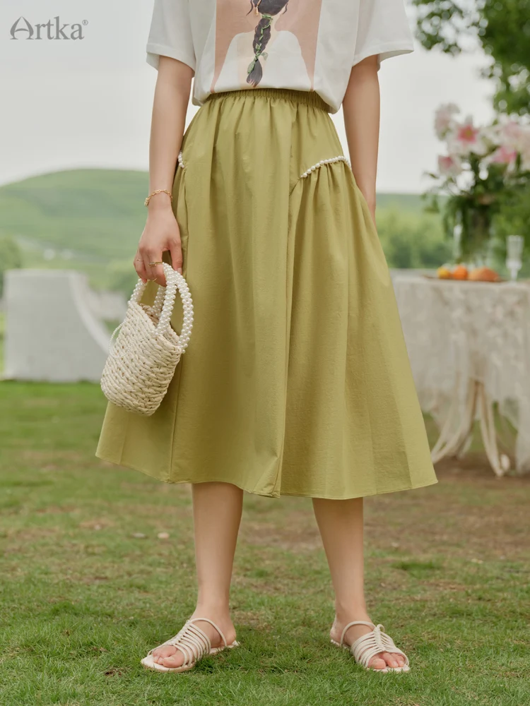 ARTKA 2022 Summer New Women Skirt Elegant Casual Beading Midi Skirts A-Line Elastic High Waist Pleated Skirt Female QA92126X