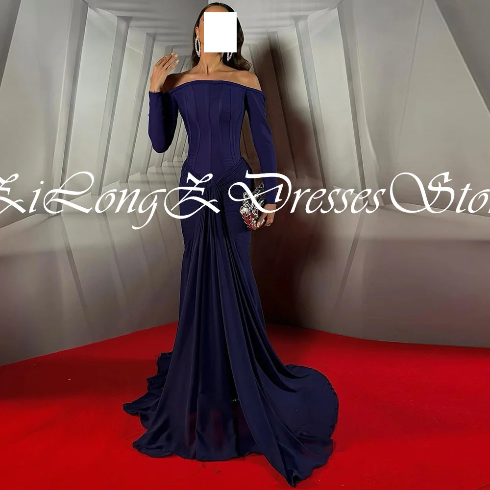 تخصيص حورية البحر الأرجواني النقي الشيفون قبالة الكتف فساتين السهرة الرسمية والكلاسيكية طويلة الأكمام قطار الاجتياح Pr #3