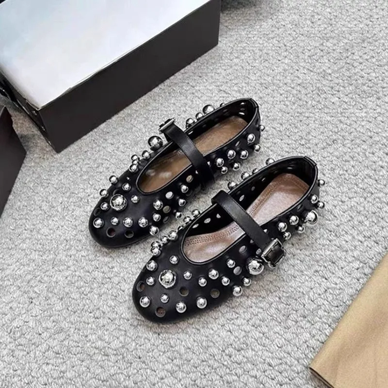 

Fashion Women's White Studded Hollow Out Mary Jane Shoes Round Toe Buckle Strap Flats Punk Casual Ballet Shoes Zapatos De Mujer