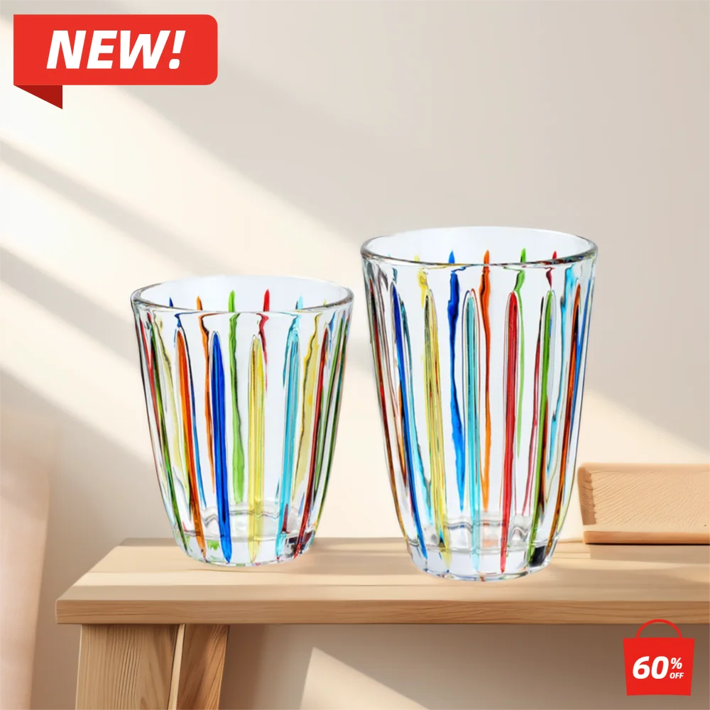 

INS European handmade painted striped glass cup, Creative coffee Vintage juice cup, Household milk beverage 2pcs/lot