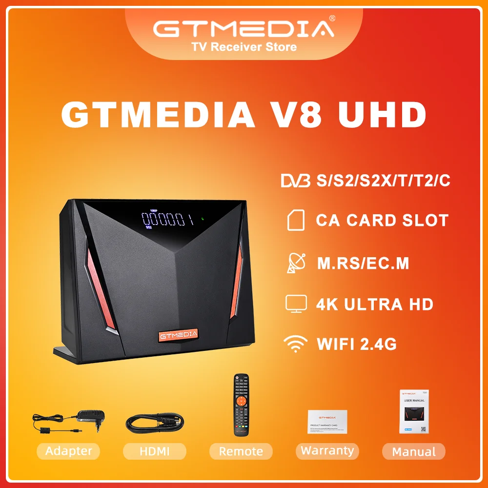 

GTMEDIA V8 UHD 4K Satellite TV Receiver DVB-S2X S2 T2 Cable Decoder H.265 Built In 2.4G WIFI Support GTshare Upgrade Mars Ec.m