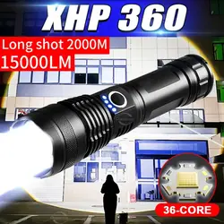 Ultra High Lumen High Power LED Flashlight XHP360 Rechargeable Torch Outdoor Ultra Bright Long Range Camping Tactical Lantern