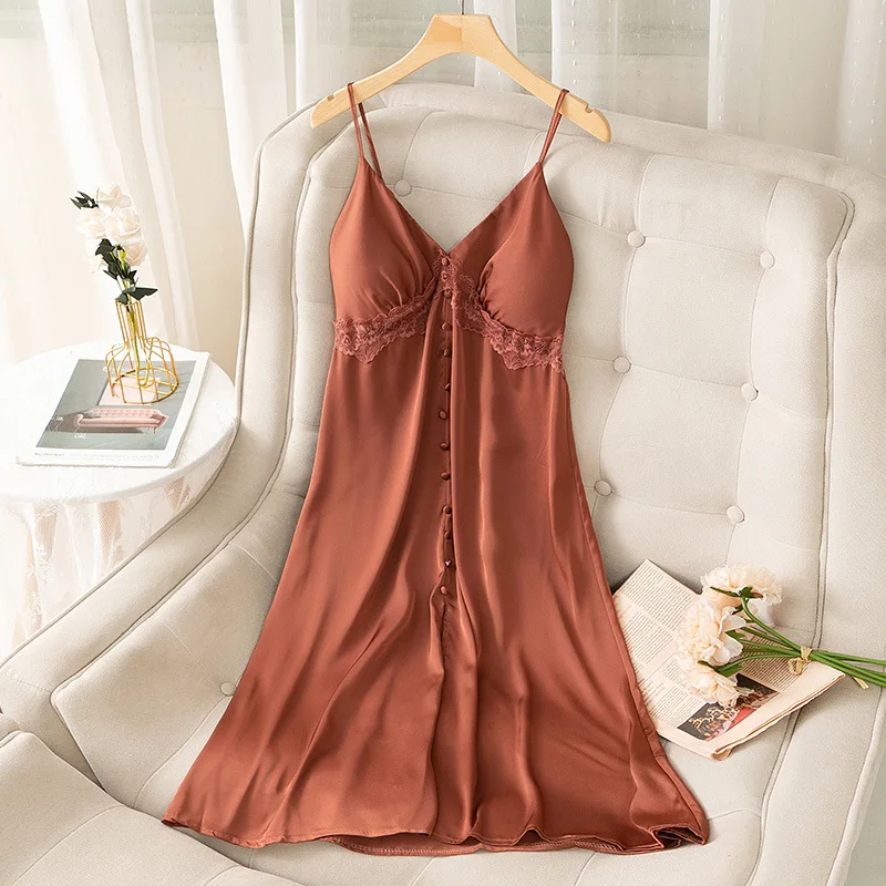 

Sexy Lace Spaghetti Strap Nightdress Fashion Button Nightgown Casual Homewear Loose Fitting Nightwear Summer Satin Sleepwear