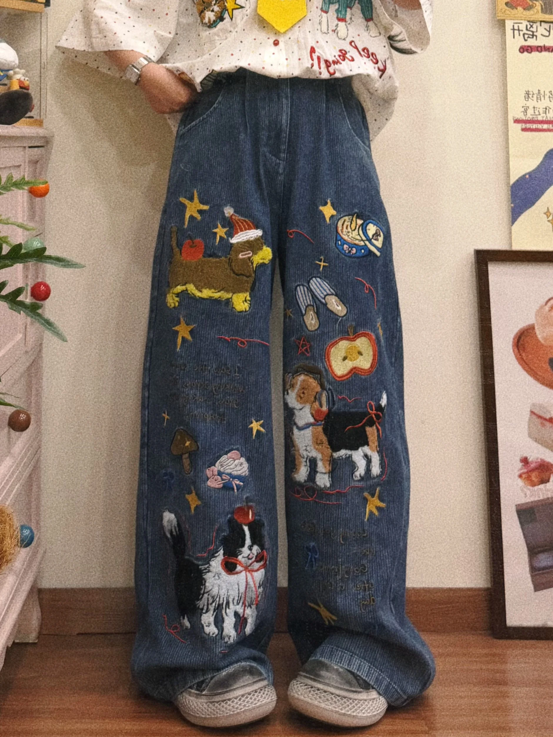 

Джинсы BIBULU с вышивкой в стиле ретро и мультяшными собаками, широкие, прямые, повседневные, из денима, синие, модные женские брюки