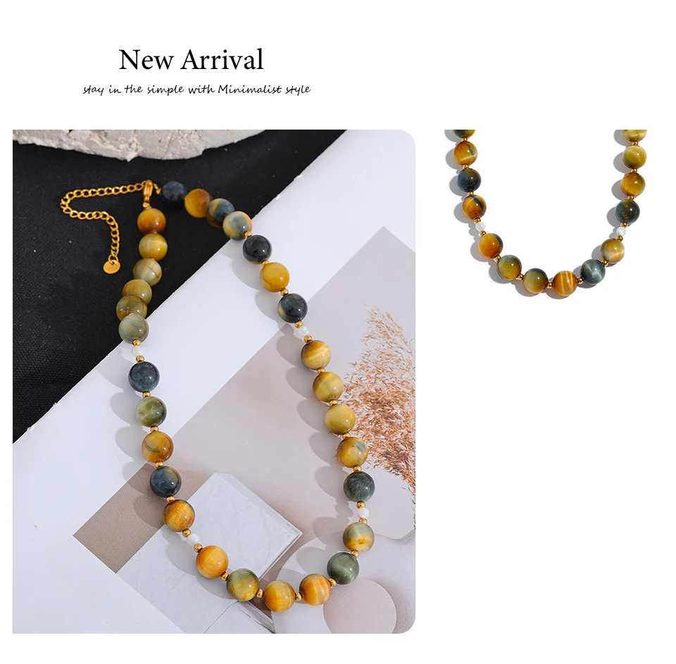 Yhpup Maillard Naturstein Tiger Runde Perlen Kette Kragen Halskette Edelstahl Handgefertigter Schmuck Wasserdicht für Frauen Geschenk – Detail 11
