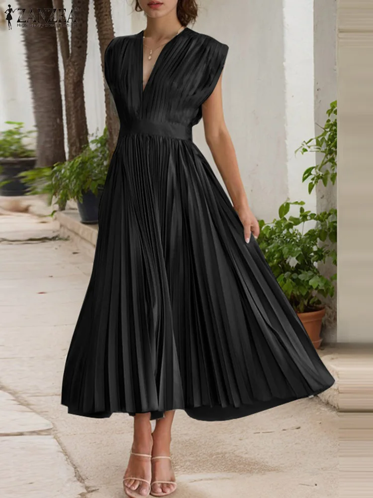 ZANZEA Donne Pieghettato Veste Femme Estate Con Scollo A V Senza Maniche Elegante Partito Abiti Lunghi A Vita Alta Alla Moda Una Linea di Abiti
