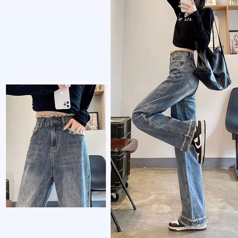 2024 Women pants Autumn Floor Mopping Jeans Wide Legs High Waist Loose Straight Denim Pants Female Women Street wear Retro Fashi