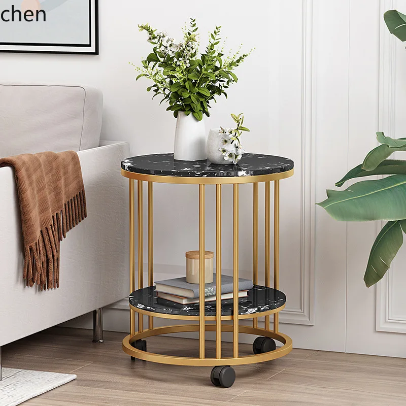HYS Small Coffee Table Living Room Sofa Side Table Round  Iron Art Marble Corner Table with Wheels