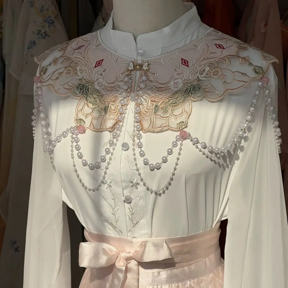 

Chinese Style Hanfu Collar Pearl Floral Pattern Horse-face Skirt Yunjian Collar Embroidery Design Tassels