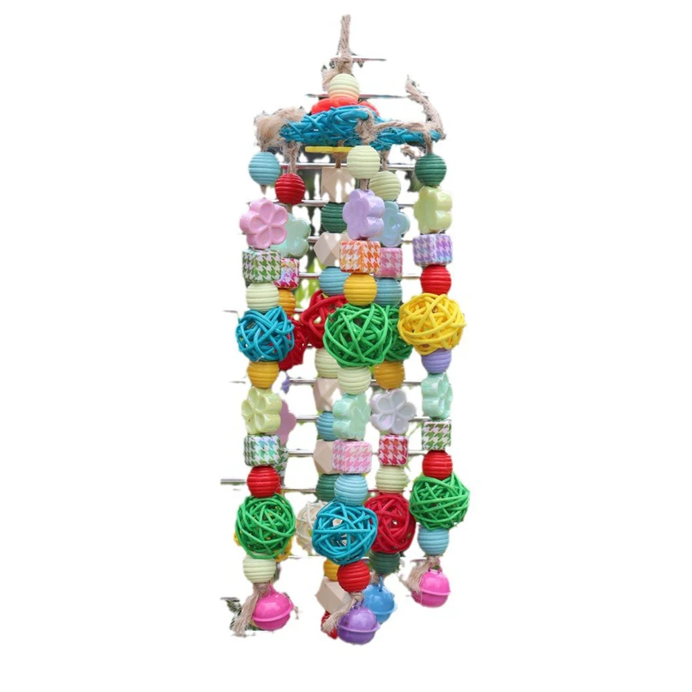 Parrot Toys Bird Block Knots Tearing Toy With Hooks Adjustable Ropes Colorful Acrylic Beads Solid Wood Blocks For Macaw Cockatoo