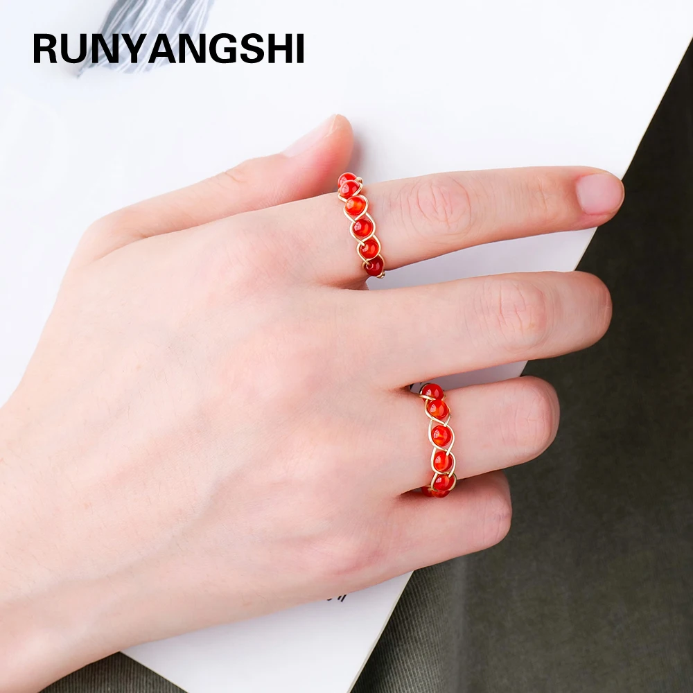 1PC Natural Stone Red agate DIY Hand-Made Round Bead Carnelian Ring Ring Charms For Women Men Bead Size 4mm