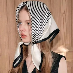 Luxury Brand Soft Satin Scarf Black And White Striped Head Wrap For Women Hairbands Headscarf Ladies Neckerchief