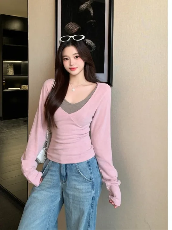 

plus Size Women's Slim Fit T-Shirt Color Block Strap Top Stylish Summer Casual Wear High Waist Button Detail Long Sleeve Tee