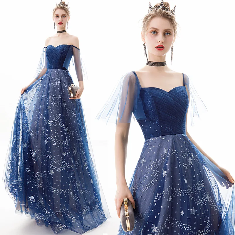 

Starry Sky Boat-Neck Evening Dress Tulle Off Shoulder Shiny Temperament Homecoming Dresses Floor-Length Grace Fashion Gown New