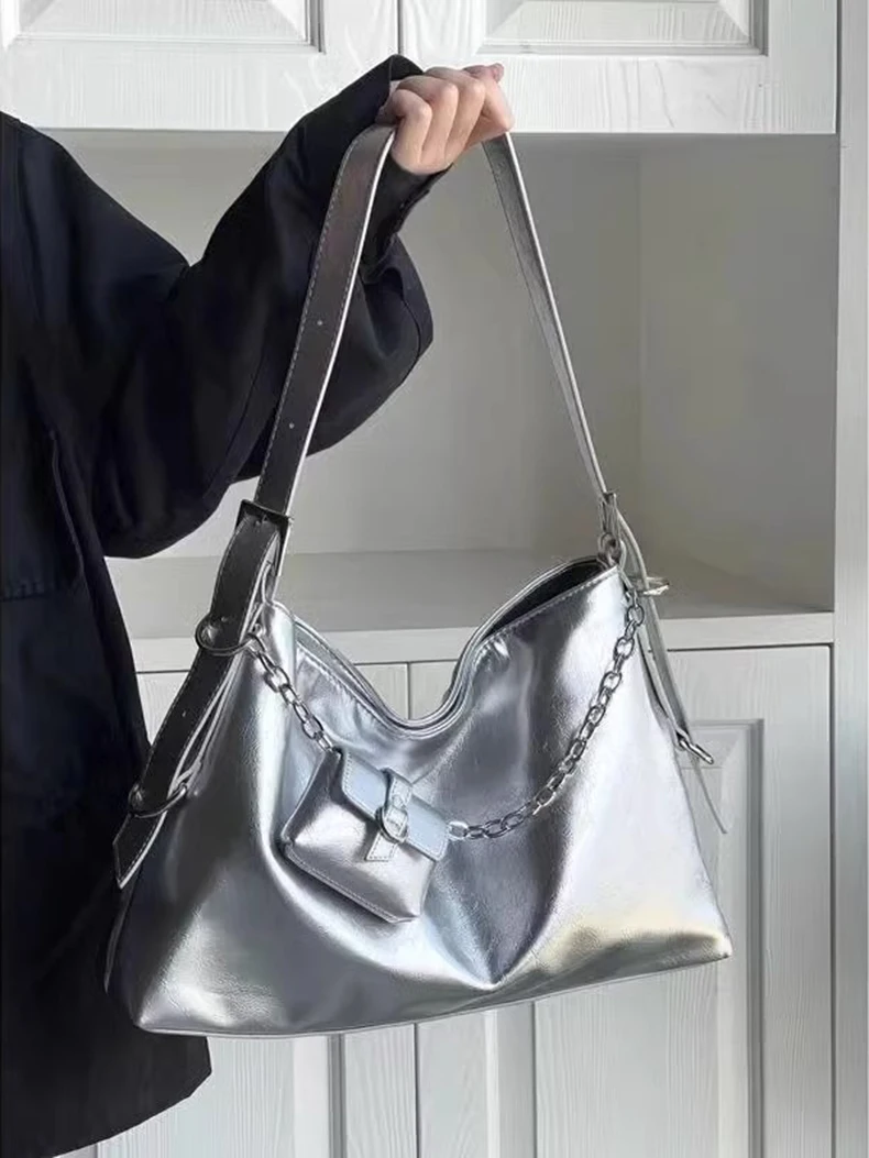 Fashion Motorcyclist Females Satchel Tote Bag with coin purse Silver Soft PU Leather Capacity Underarm Bags Women's Shoulder Bag