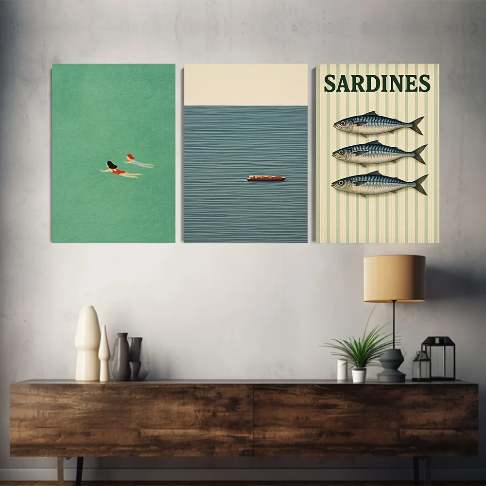 3pcs, Canvas Wood Frame Print, Fresh Striped Background Fish Art Print, Simple Design, Ripple Background Art, Dynamic Waves,