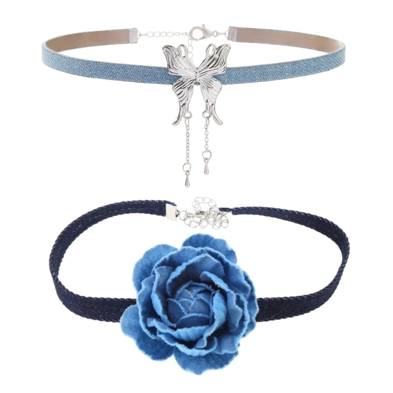 Fashion Blue Rose Flower Choker Necklace Comfortable Collar Necklace for Women Girls Elegant Butterfly Fringe Choker