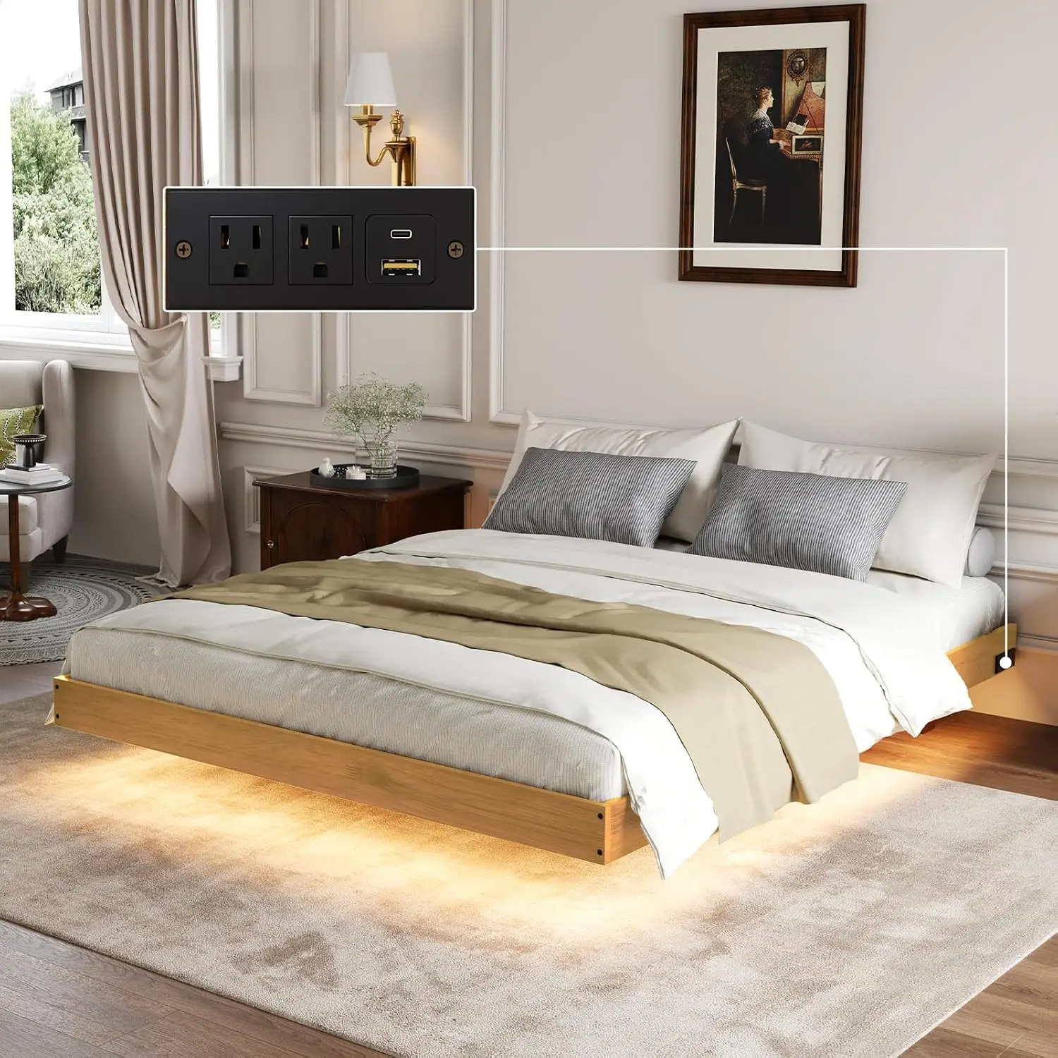 Floating Queen Bed Frame in Solid Wood, Heavy-Duty Platform Construction with Built-In Motion-Activated LED Lighting and Charging Station, Noise-Free, No Box Spring Required, Natural Finish