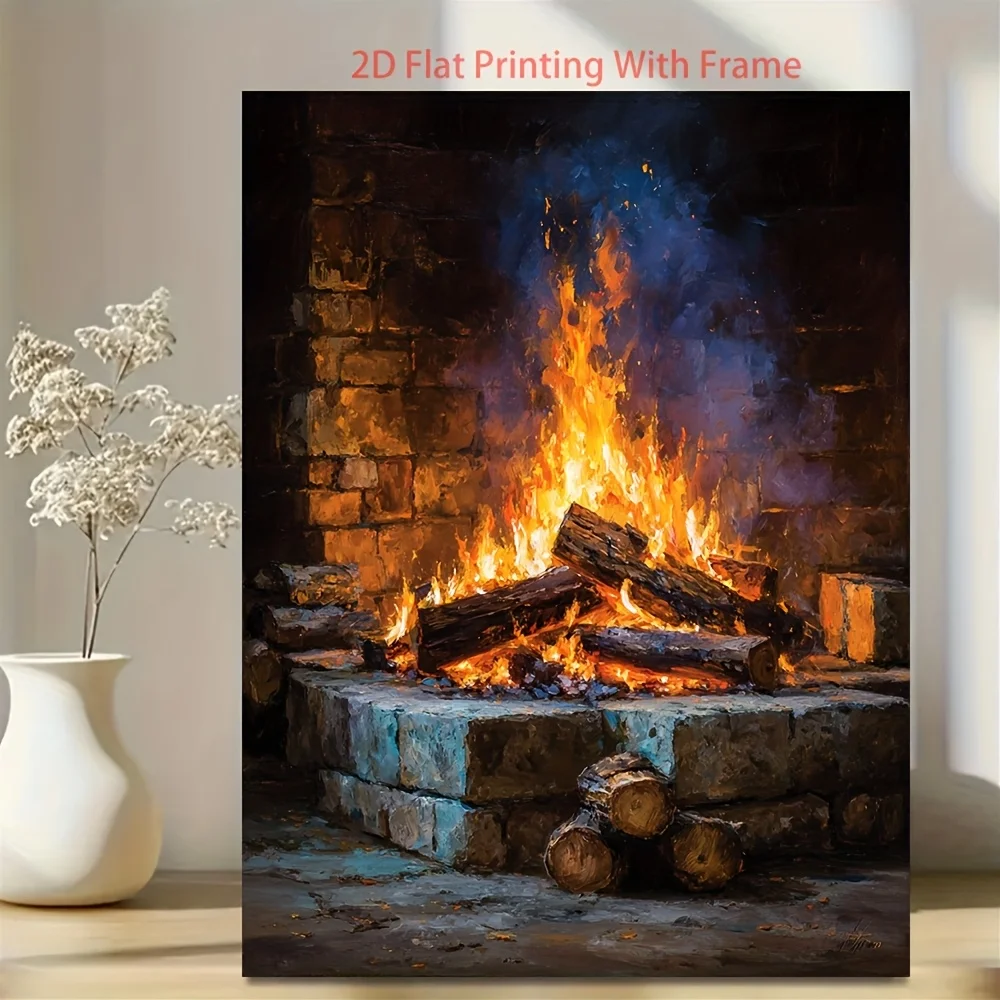 2D Flat, 2D Flat, 1pc Logs on Fire Canvas Wall Art - Realistic Bonfire Painting with Wrapped , Modern Fireplace P