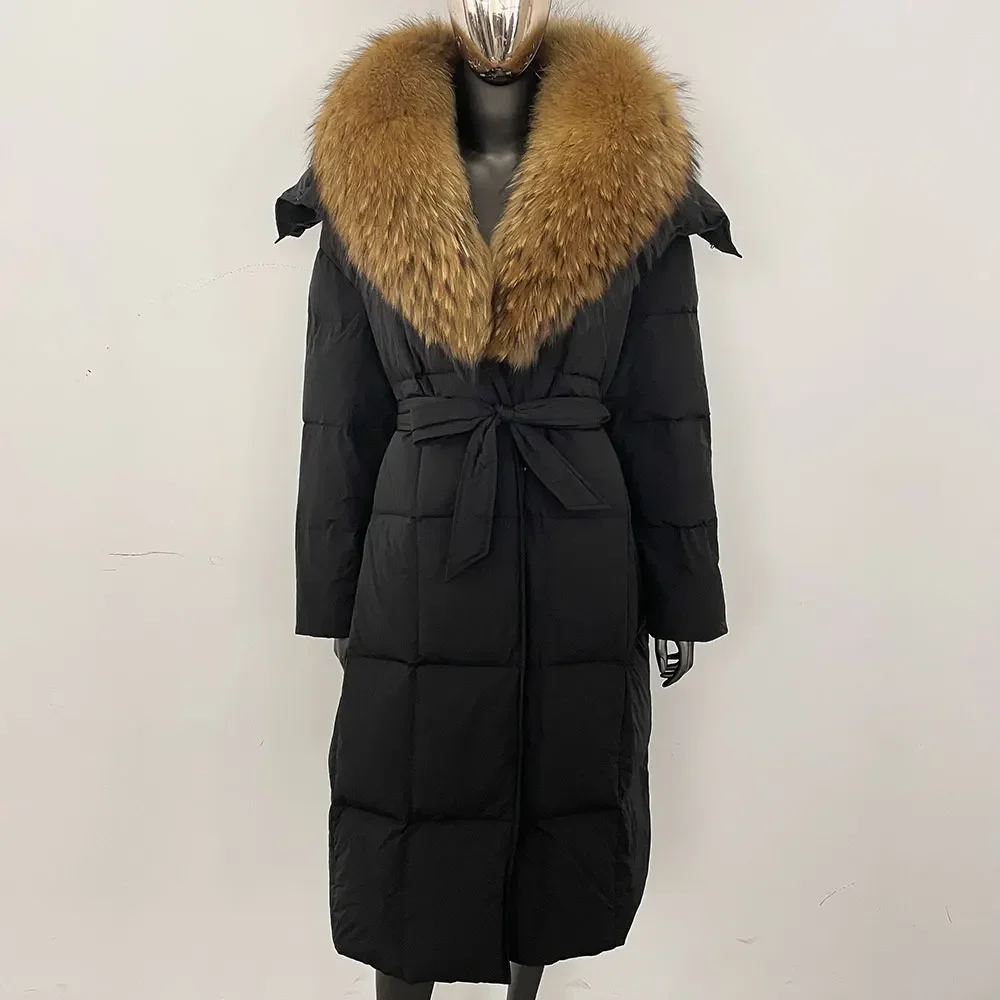 OFTBUY doudoune femmes à capuche ceinture simple boutonnage véritable col de fourrure de renard veste hiver épais chaud ample blanc canard vers le bas manteau