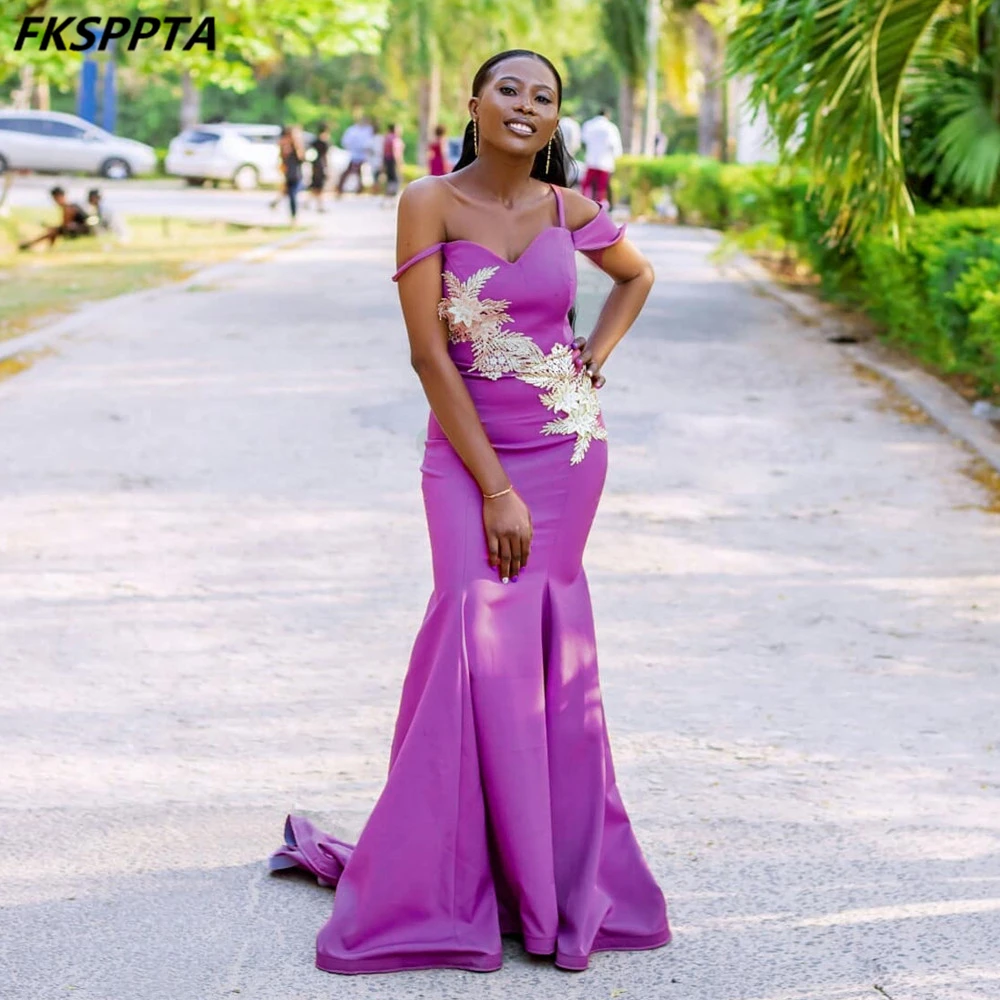 Long Mermaid Evening Dress 2025 Purple Corset Back Spaghetti Straps Satin Appliques Special Occasion Gowns Plus Size