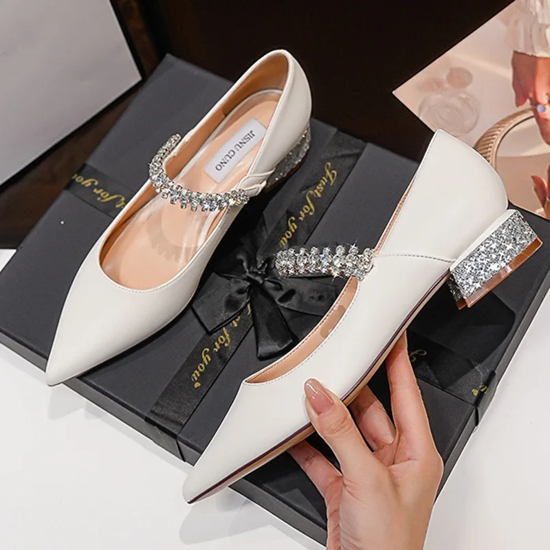 

Women's Single-layer Shoes 2026Spring Fashion All-match Rhinestone Chain Mid-heel Chunky Heel Pointed Bridesmaid Mary Jane Pumps