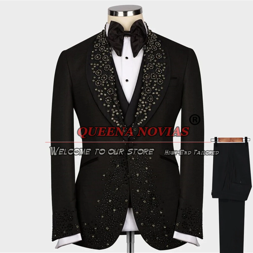 Setelan Tuxedo pengantin pria, jaket Label Satin buatan tangan, 3 potong, setelan pernikahan untuk pria, celana Prom, pas badan